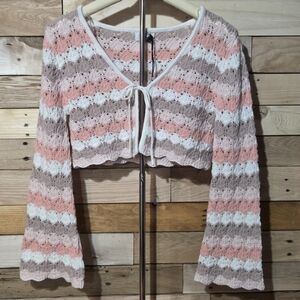 ​Crochet Knit Crop Tie Front Pink Striped Boho Bell Sleeve Bolero Shrug Festival